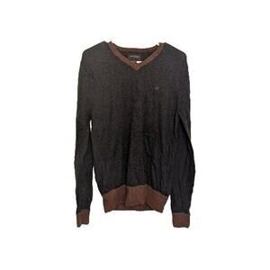 True Religion Mens 100% Wool Pullover Sweater Black V-neck Size S Maroon Trim.